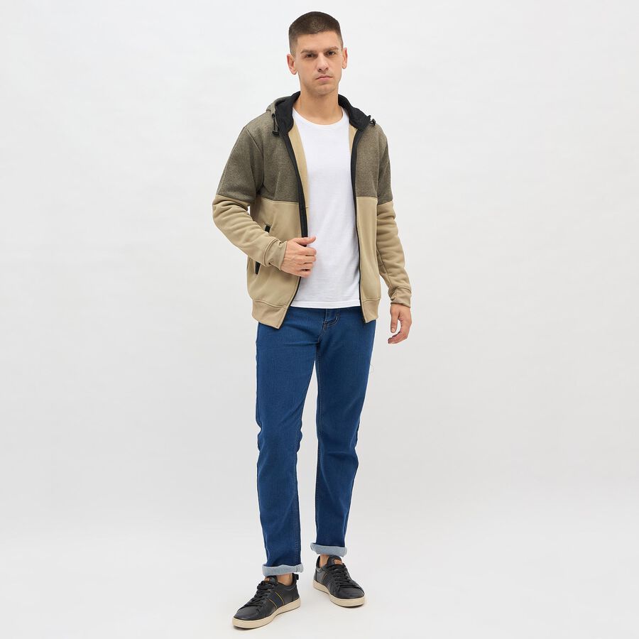 Men's Muted Olive Green and Beige Hoodie Neck Casual Sweatshirt, Beige, large image number null