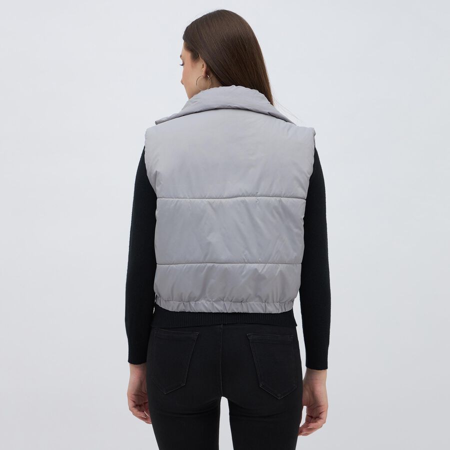 Women's Light Grey High Neck Sleeveless Puffer Jacket, Light Grey, large image number null