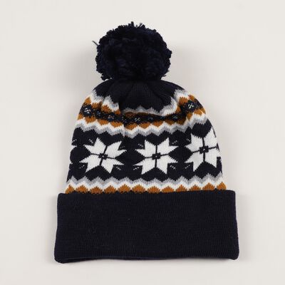 Boys' Dark Navy Blue Snowflake Pattern Pom-Pom Cap