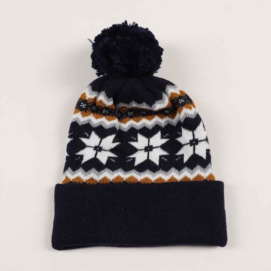 Boys' Dark Navy Blue Snowflake Pattern Pom-Pom Cap, Navy Blue, large image number null