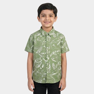 Boys Green Cotton Half Sleeve Spread Collar Casual Shirt