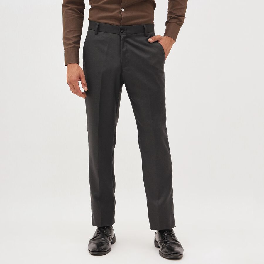 Men's Charcoal Slim Fit Flat-Front Formal Trousers, गहरा ग्रे, large image number null