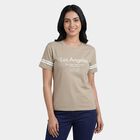 Women's Beige Round Neck Casual T-Shirt, Beige, small