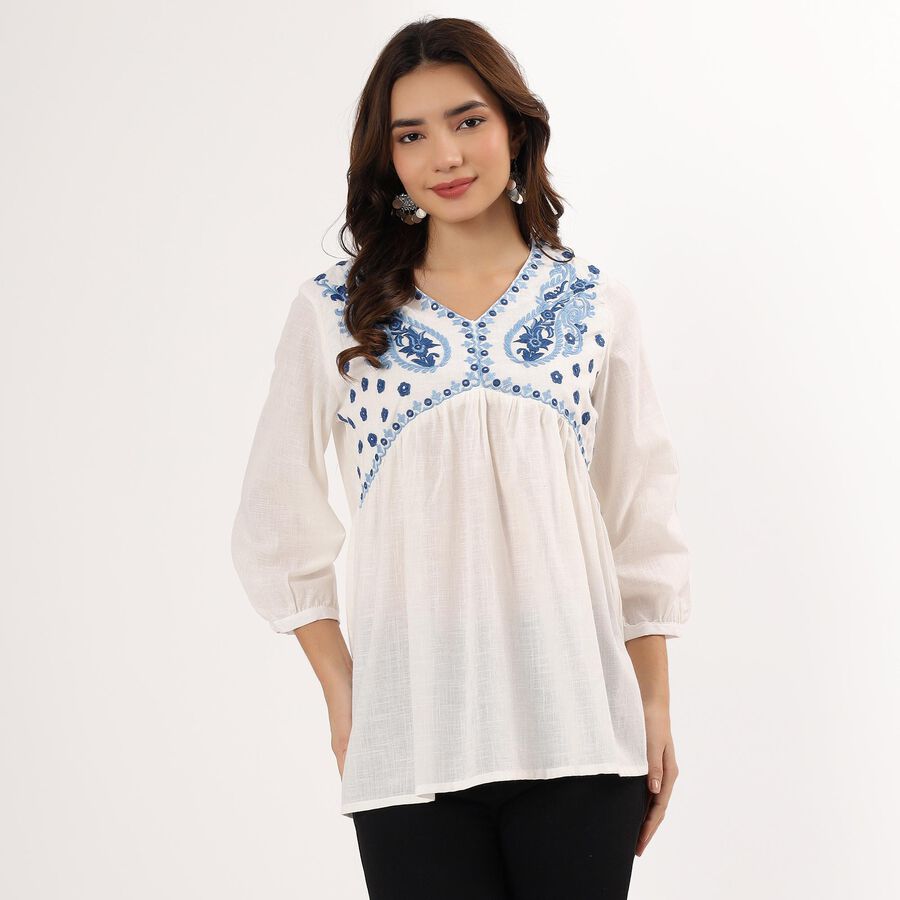 Women's White Cotton Round Neck Embroidered Kurti, सफ़ेद, large image number null