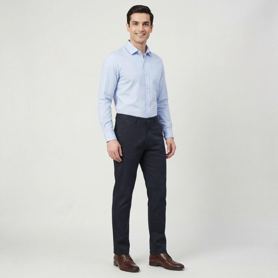 Men's Navy Blue Slim Fit Flat-Front Casual Trousers, Navy Blue, large