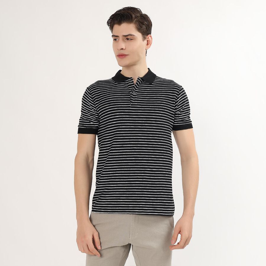 Men's Jet Black Polo Collar Casual T-Shirt, काला, large