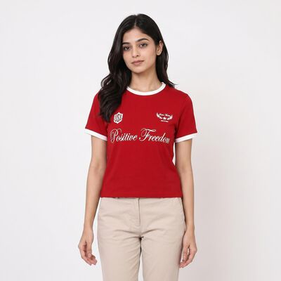 Women's Red Cotton Blend Round Neck Regular T-Shirt