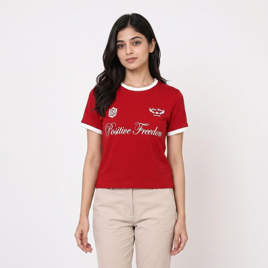 Women's Red Cotton Blend Round Neck Regular T-Shirt, Red, large
