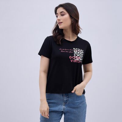 Women's Jet Black Round Neck Casual T-Shirt
