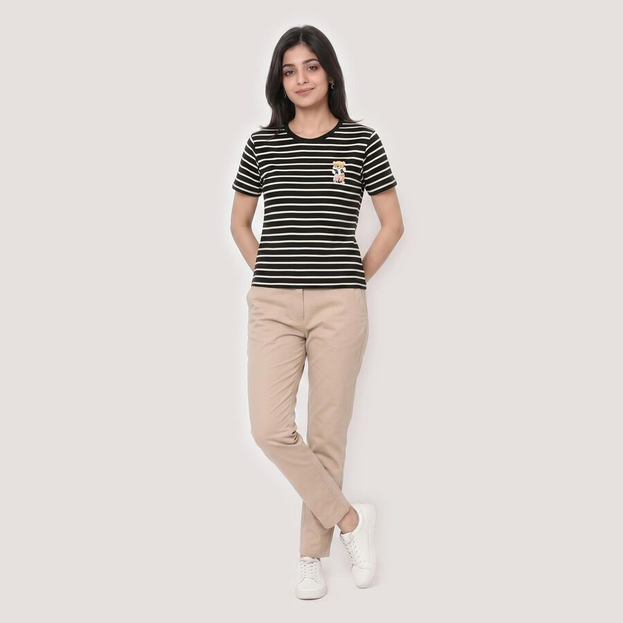 Women Black Round Neck Regular T-Shirt, काला, large