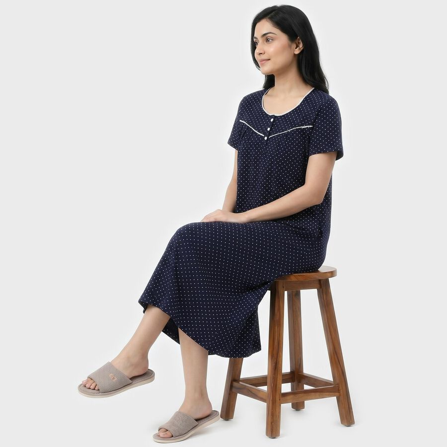 Women's Navy Blue Round Neck Maxi and Gown Nighty, Navy Blue, large