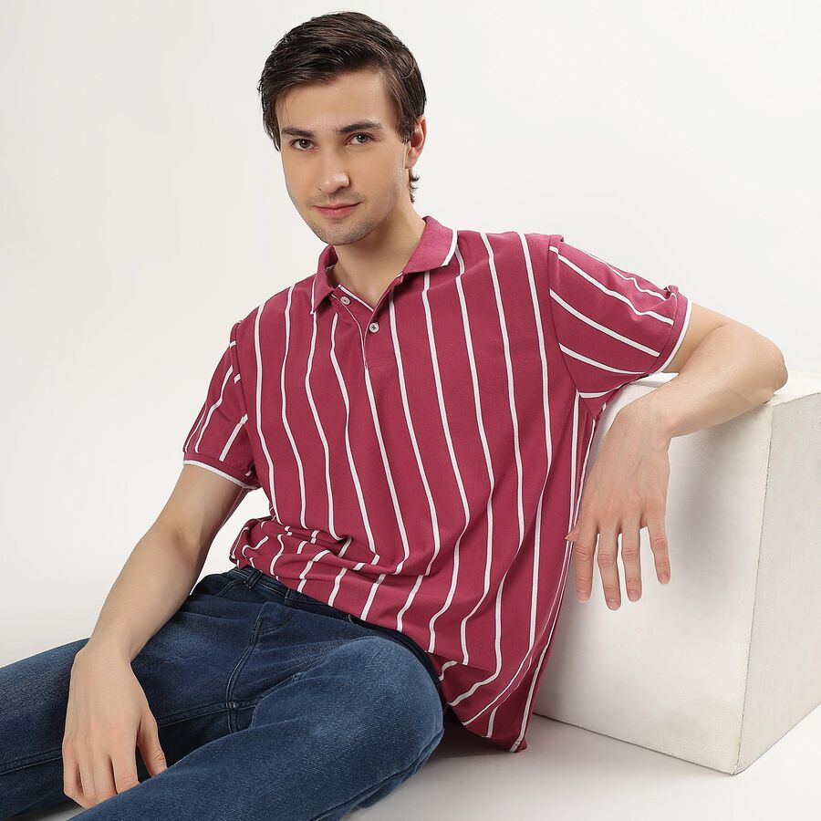 Men's Light Pink Polo Neck Striped T-Shirt, Light Pink, large image number null