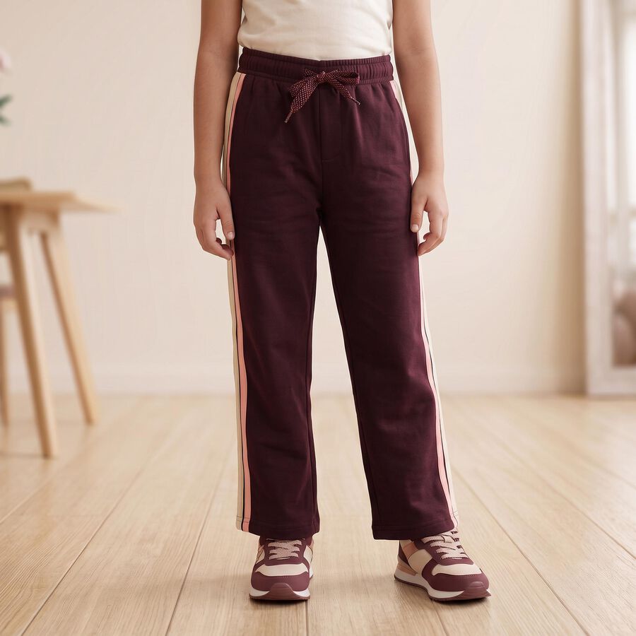 Girls Wine Straight Fit Side Striped Drawstring Winter Pyjama, Wine, large