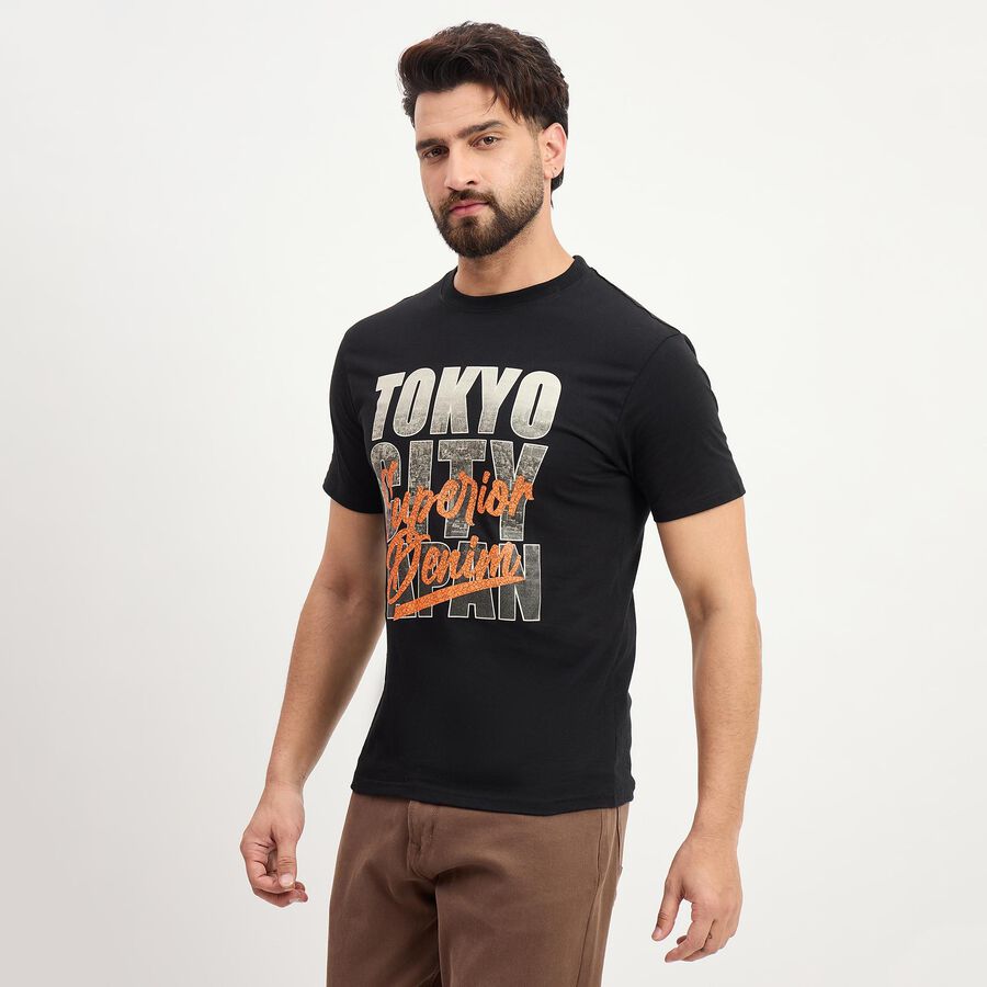 Men's Black Cotton Round Neck Classic T-Shirt, Black, large