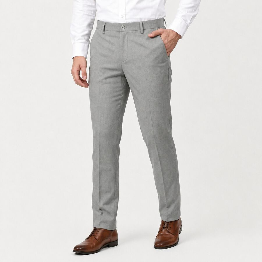 Men's Grey Slim Fit Flat-Front Formal Trousers, Light Grey, large