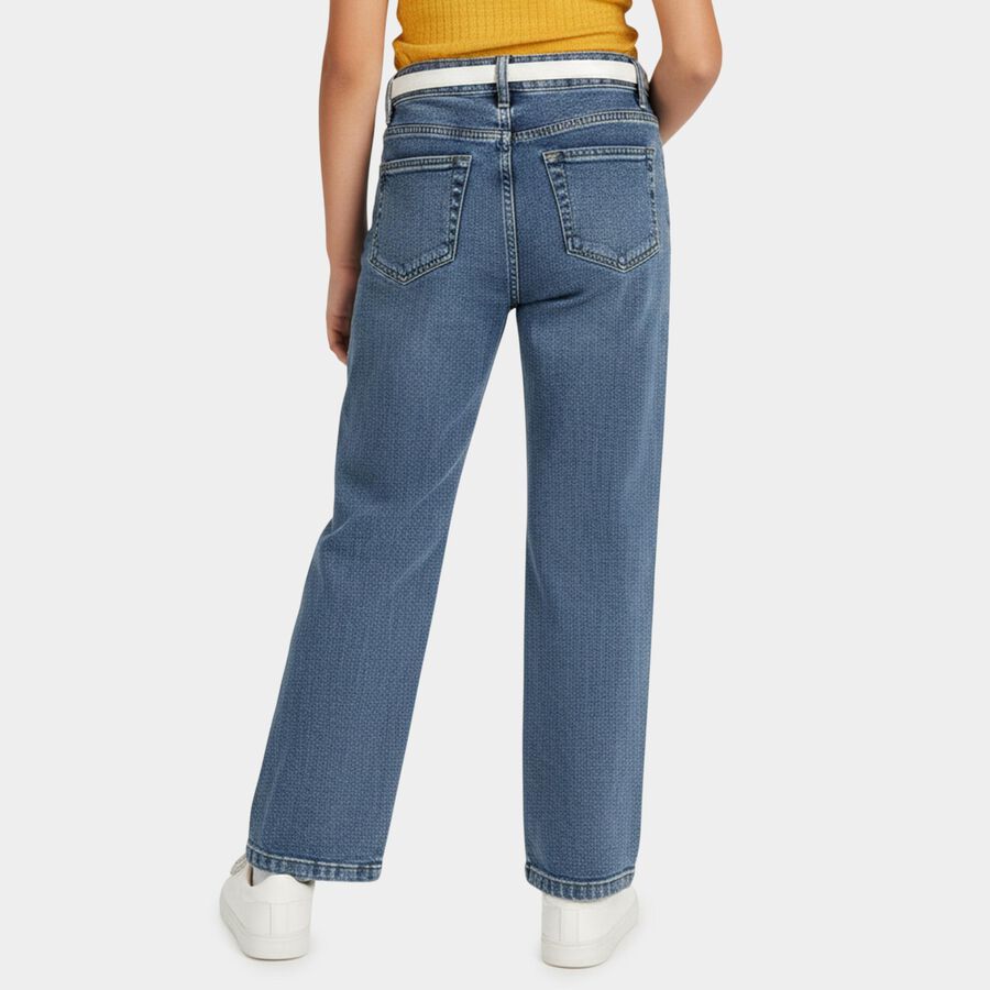 Girls Mid Blue Straight Fit Embroidered Jeans, Mid Blue, large