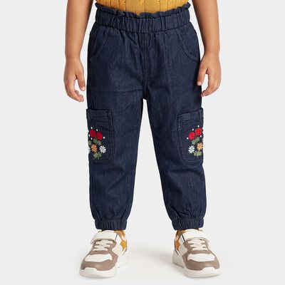 Girls Navy Blue Jogger Fit Embroidered Cargo Jeans
