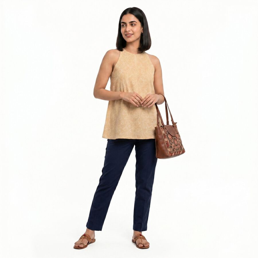 Women's Beige Cotton Halter Neck Floral Printed A-Line Kurti, गहरा पीला, large