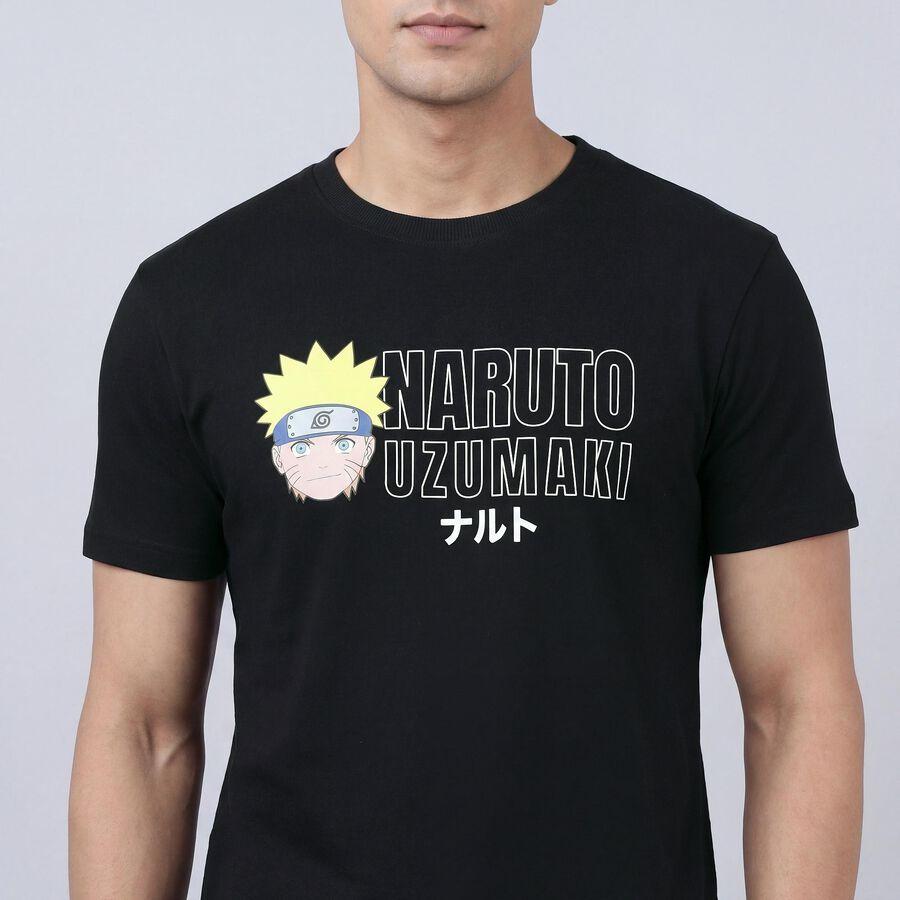 Men's Black Cotton Round Neck Casual T-Shirt, Black, large