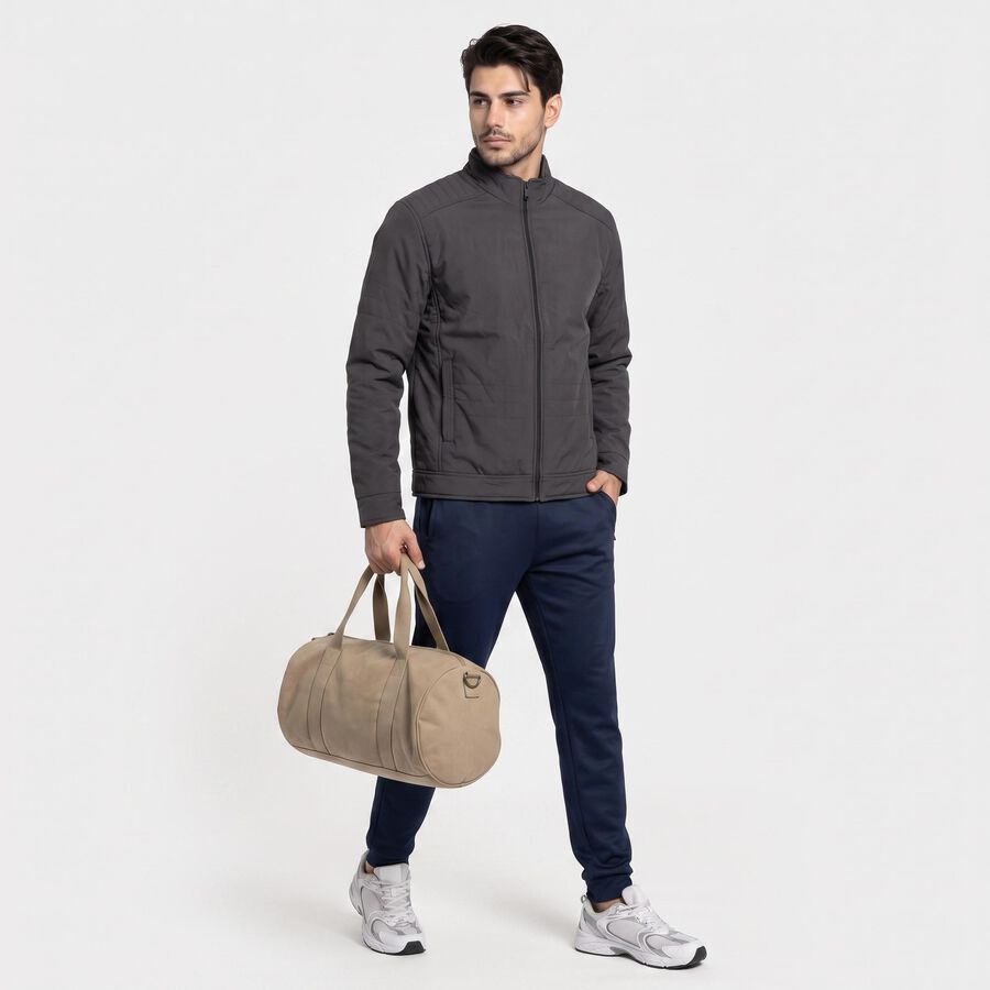Men Dark Grey Stand Collar Windbreaker Jacket, Dark Grey, large