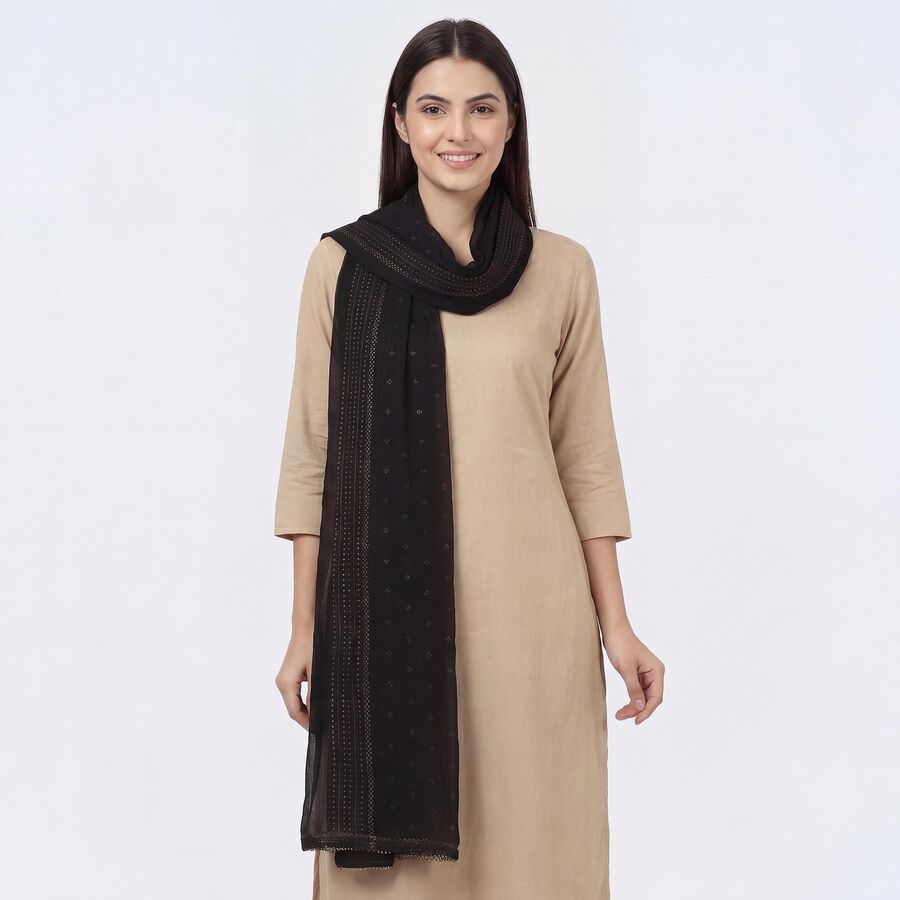 Women's Black Cotton Blend Embroidered Dupatta, Black, large