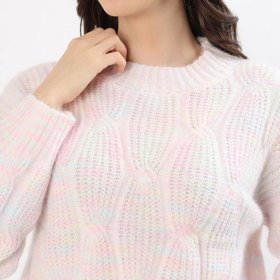 Women's Light Pink Crew Neck Casual Pullover, हल्का गुलाबी, large image number null