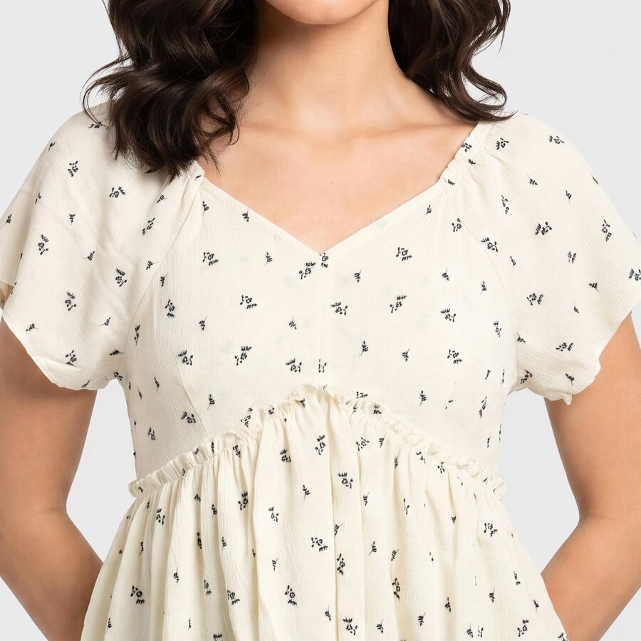 Women's Cream Geometric V Neck Regular Fit Shirt, ऑफ व्हाइट, large