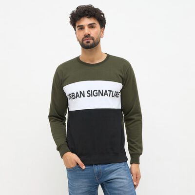 Men's Olive Green and Black Crew Neck Casual Sweatshirt, गहरा हरा Men's Olive Green and Black Crew Neck Casual Sweatshirt