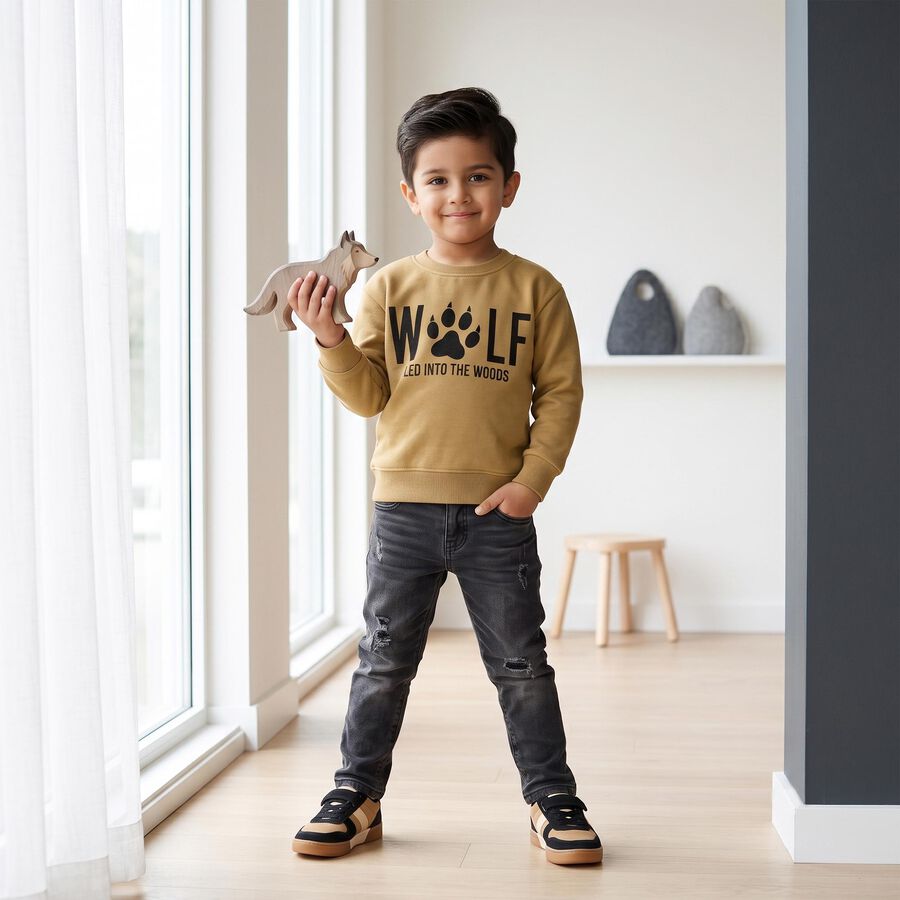 Boys' Beige Crew Neck Pullover Sweatshirt, गहरा पीला, large