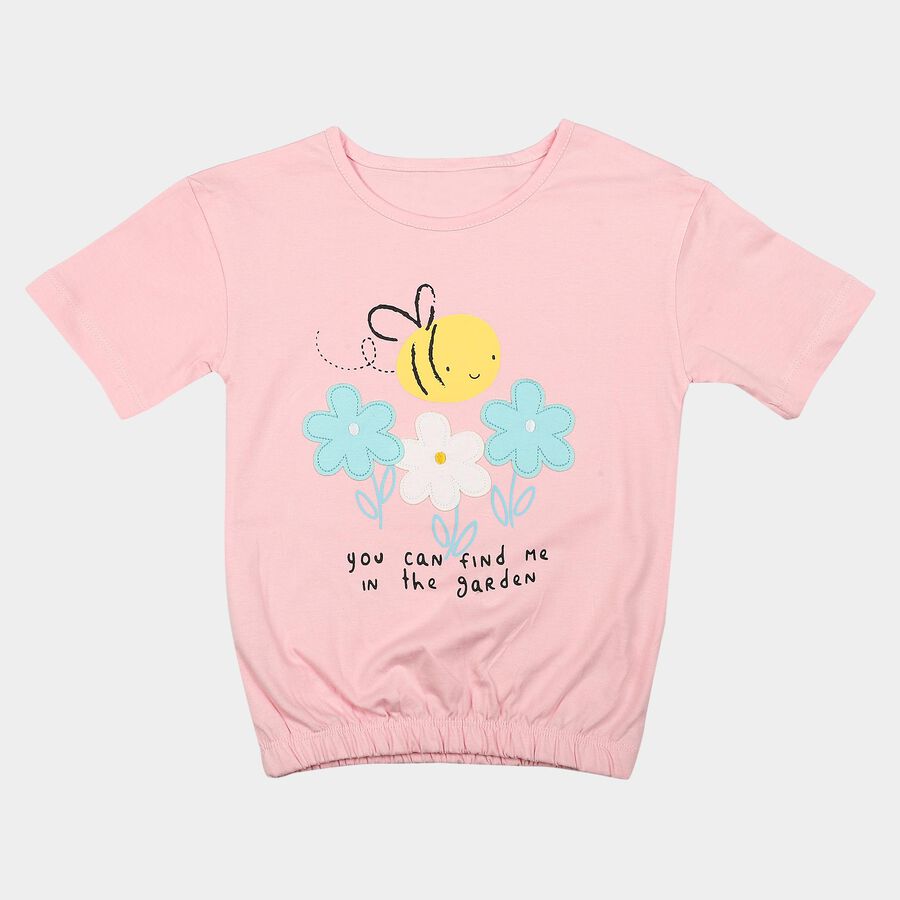 Girls Pink Cotton Round Neck Regular T-Shirt, Light Pink, large