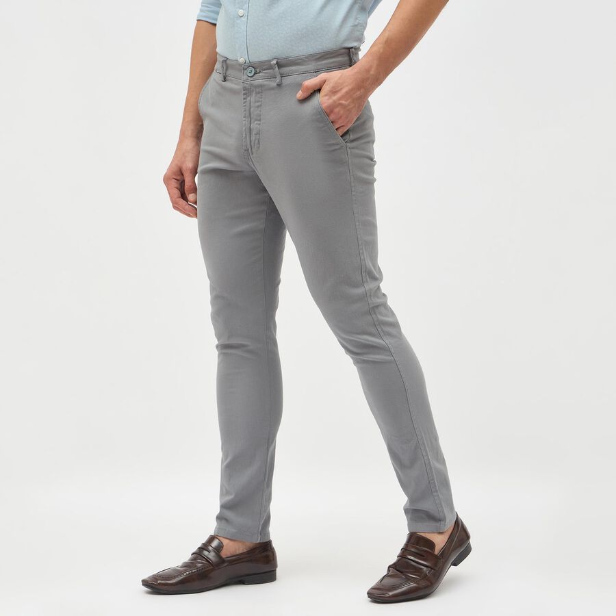 Men's Light Steel Grey Slim Fit Flat-Front Casual Trousers, Mid Blue, large image number null