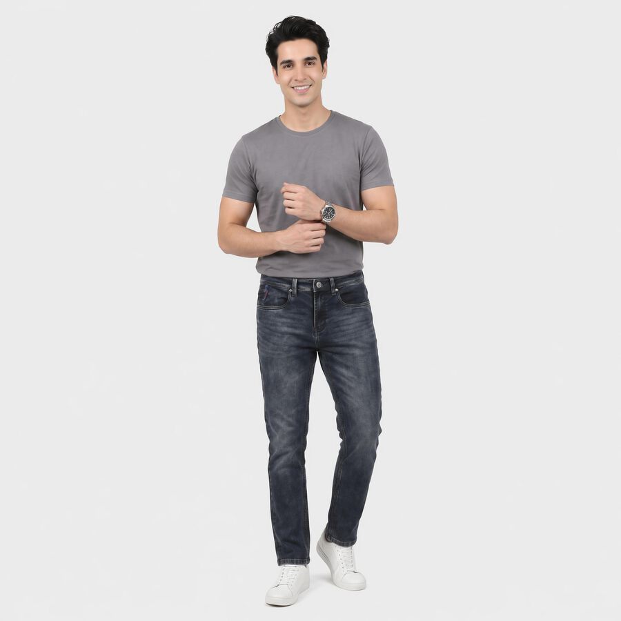 Men's Navy Blue Slim Fit Washed Jeans, Dark Blue, large