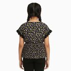 Girls' Jet Black Round Neck Casual Floral Printed T-Shirt, काला, small image number null
