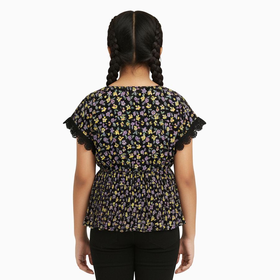 Girls' Jet Black Round Neck Casual Floral Printed T-Shirt, काला, large image number null