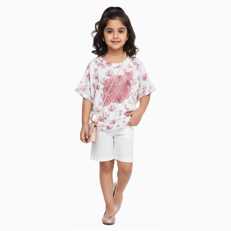 Girls Off White Round Neck Casual T-Shirt, Off White, large