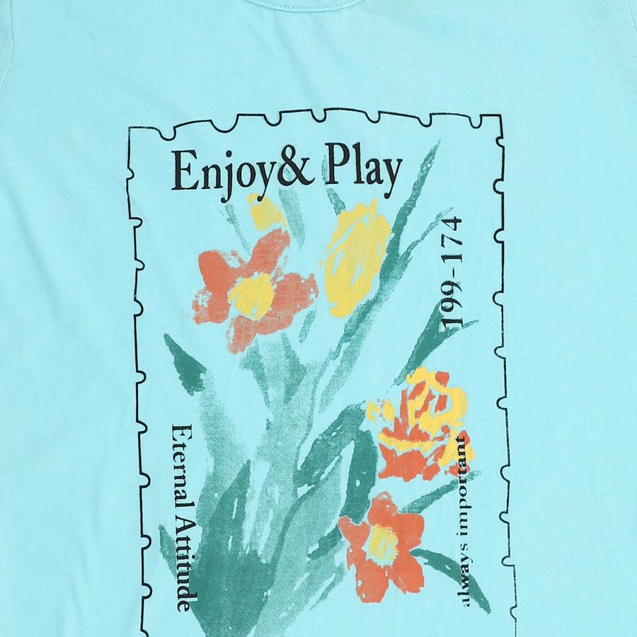 Girls Bright Aqua Blue Round Neck Casual T-Shirt, एक्वा, large image number null