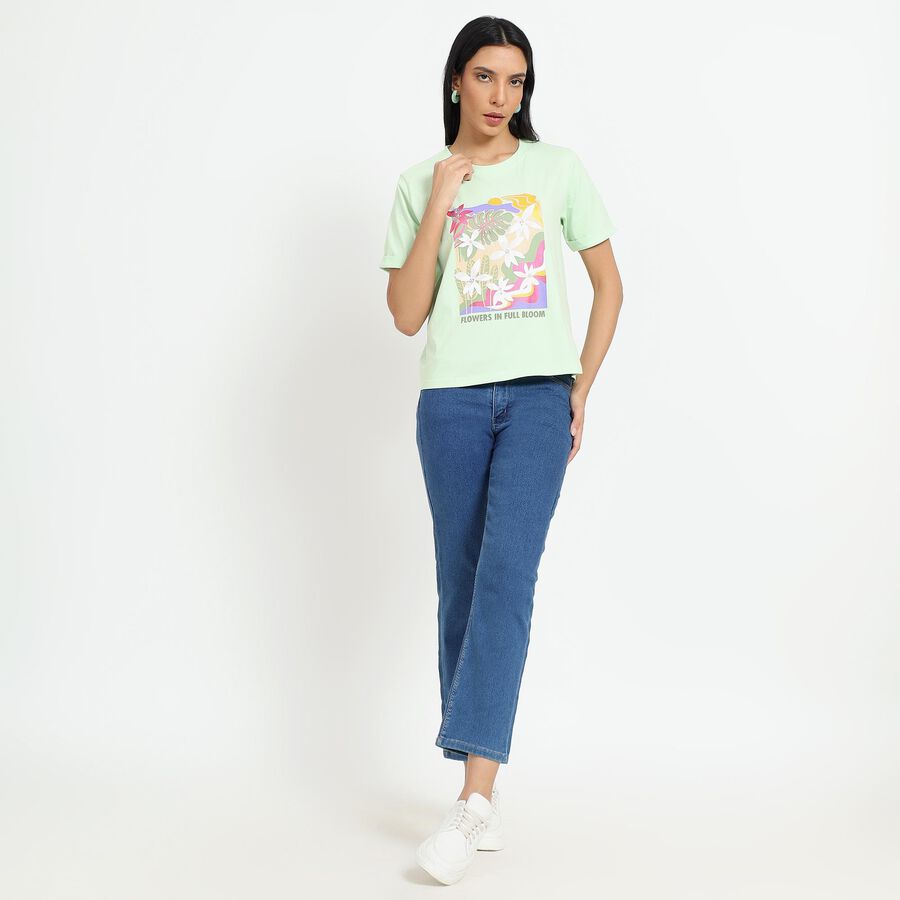 Ladies' Light Mint Green Cotton Round Neck Floral Printed T-Shirt, Light Green, large image number null
