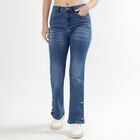 Women's Stonewashed Blue Flared Fit Button Detail Jeans, मध्यम नीला, small image number null