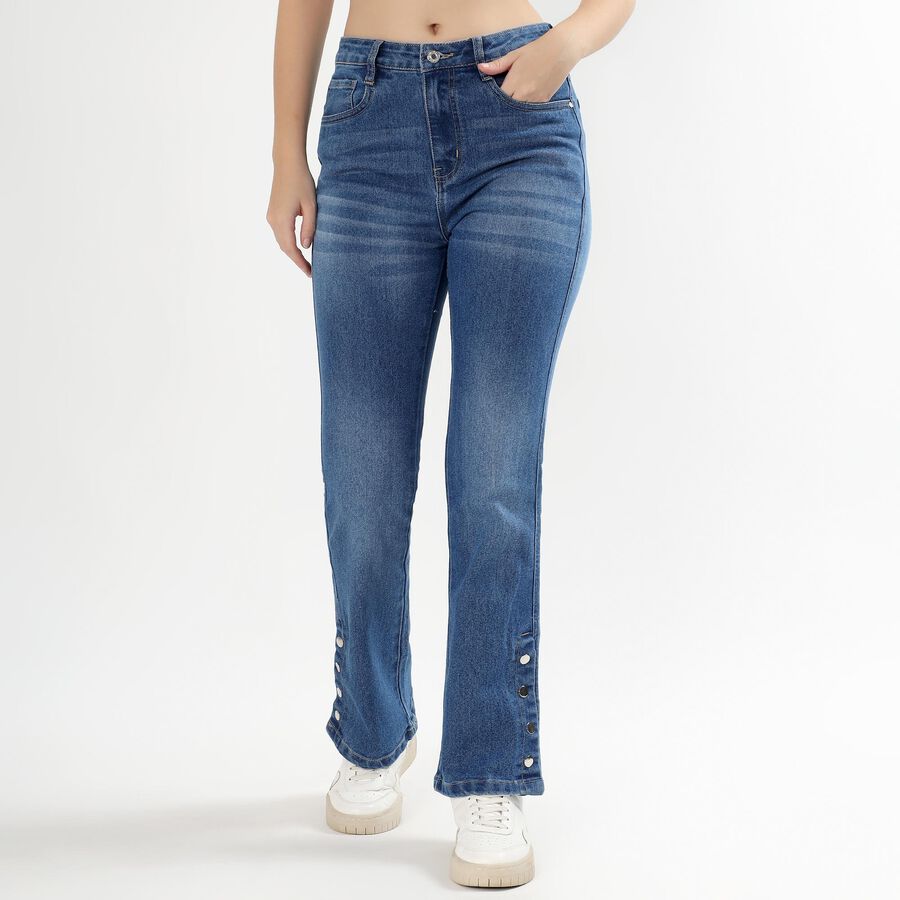 Women's Stonewashed Blue Flared Fit Button Detail Jeans, मध्यम नीला, large image number null