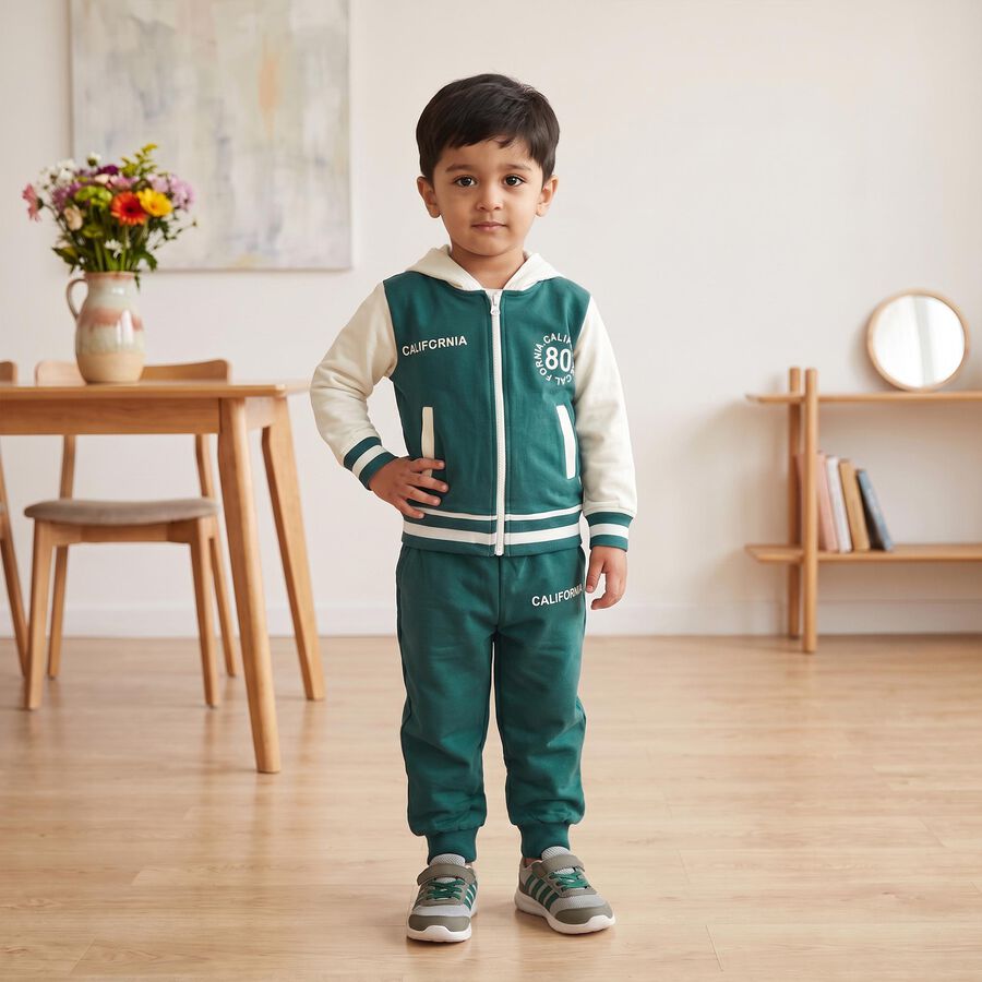 Boys' Teal Blue Hooded Neck Graphic Baba Suit, Teal Blue, large