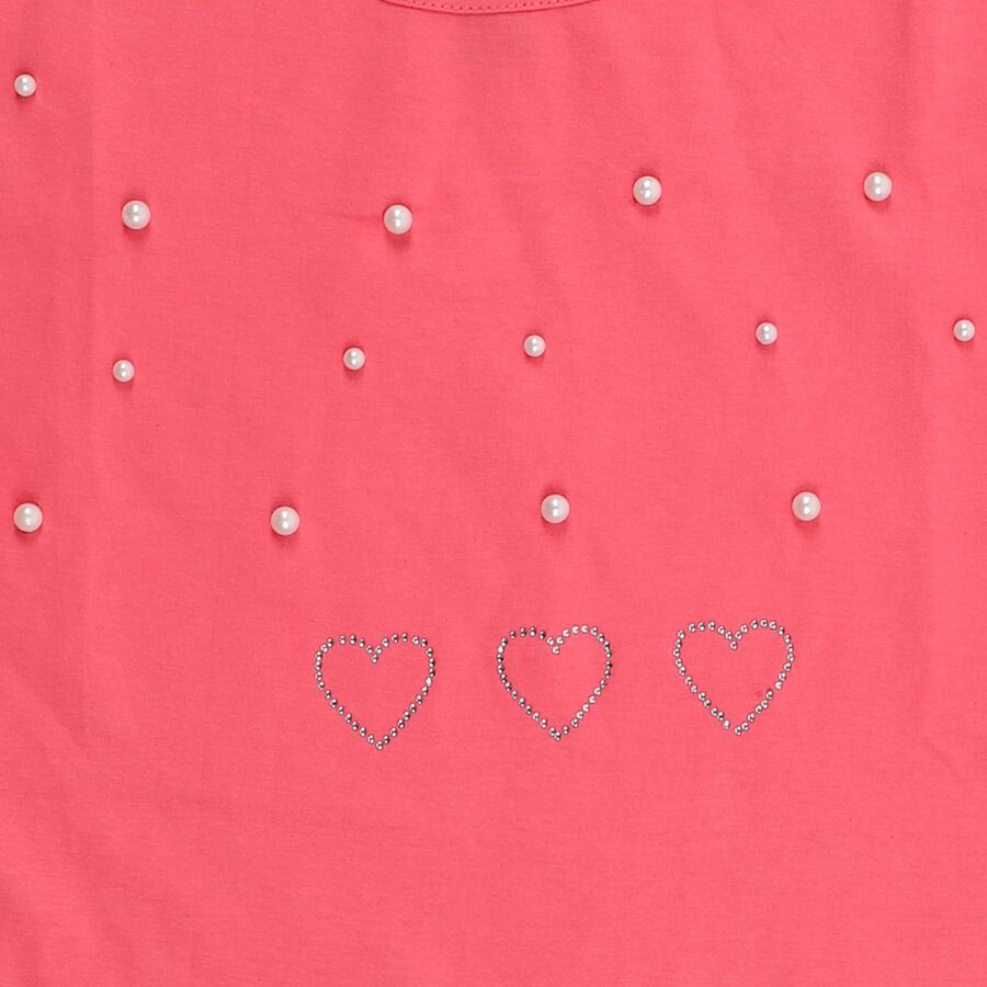 Girls Bright Coral Pink Cotton Round Neck Casual T-Shirt, Pink, large