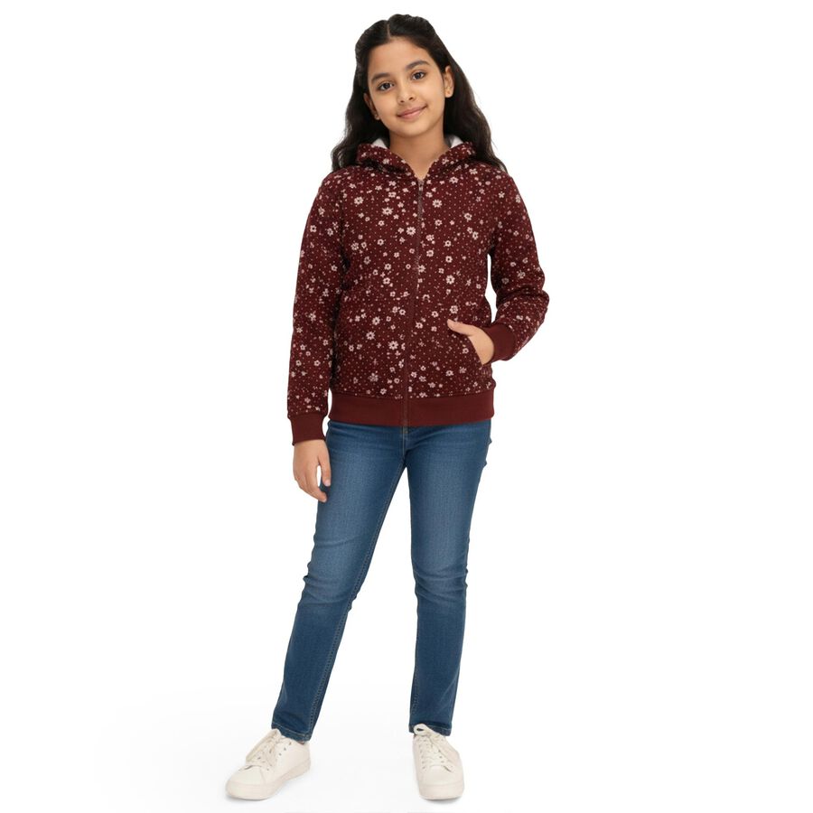 Girls Deep Maroon Hooded Casual Sweatshirt, वाइन, large image number null