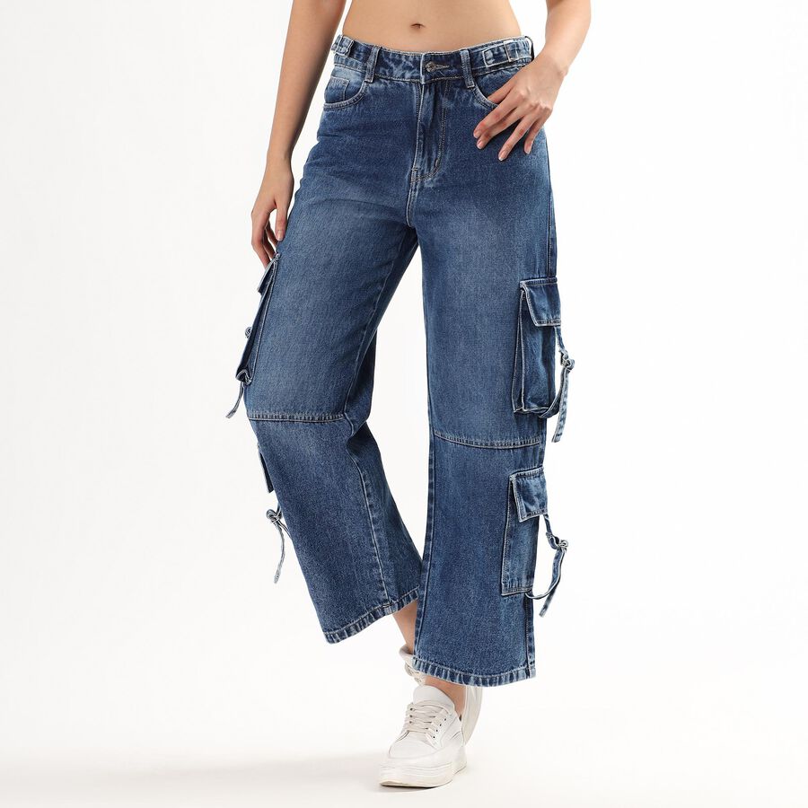 Ladies' 100% Cotton High Rise Jeans, Mid Blue, large image number null
