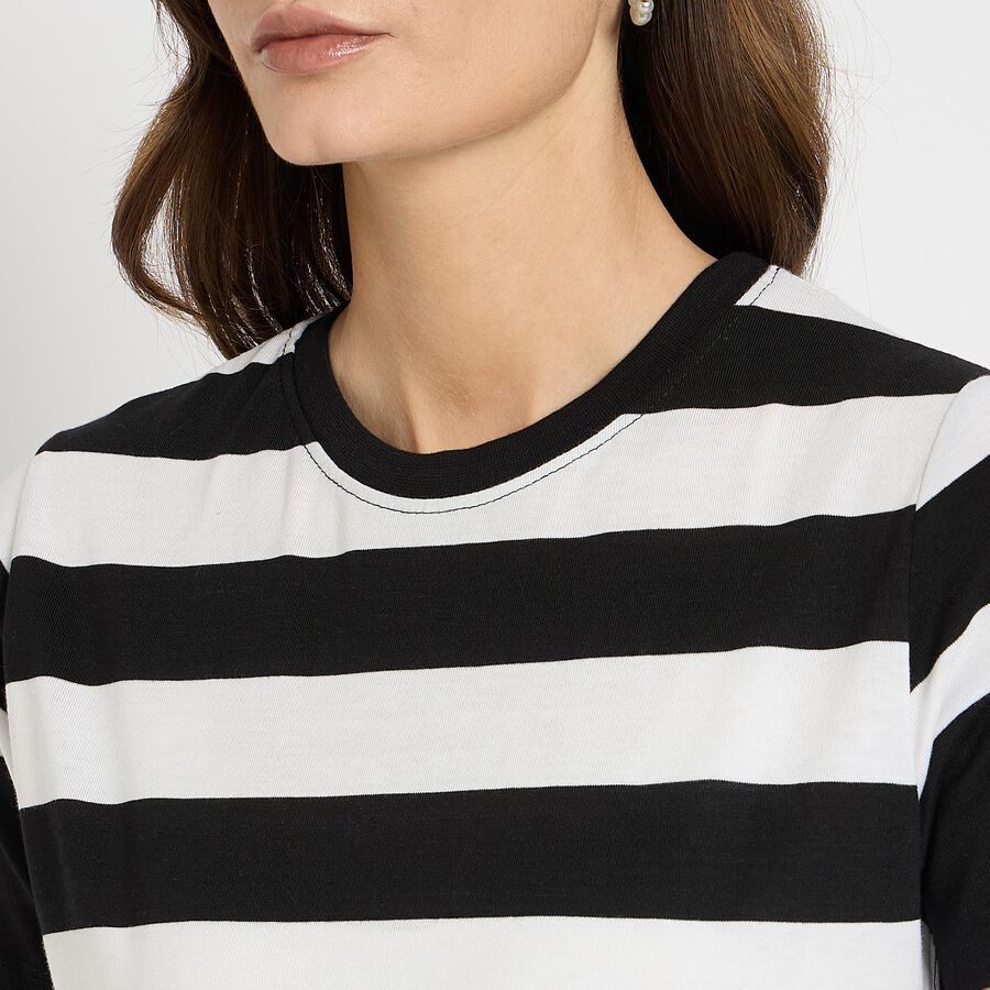 Ladies'  Stripes Round Neck T-Shirt, काला, large image number null