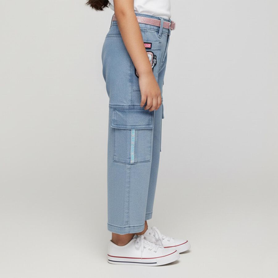 Girls' Light Blue Wide-Leg Cargo Style Jeans, Light Blue, large image number null
