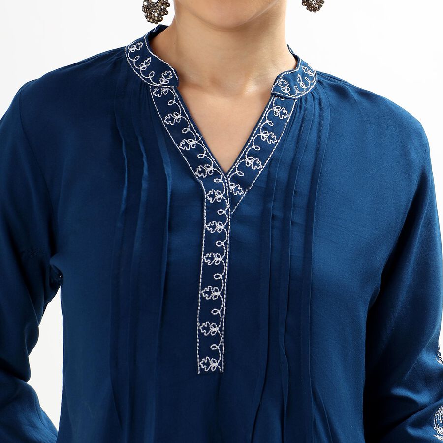 Ladies' Deep Midnight Blue V-Neck Embroidered Kurti, Teal Blue, large image number null