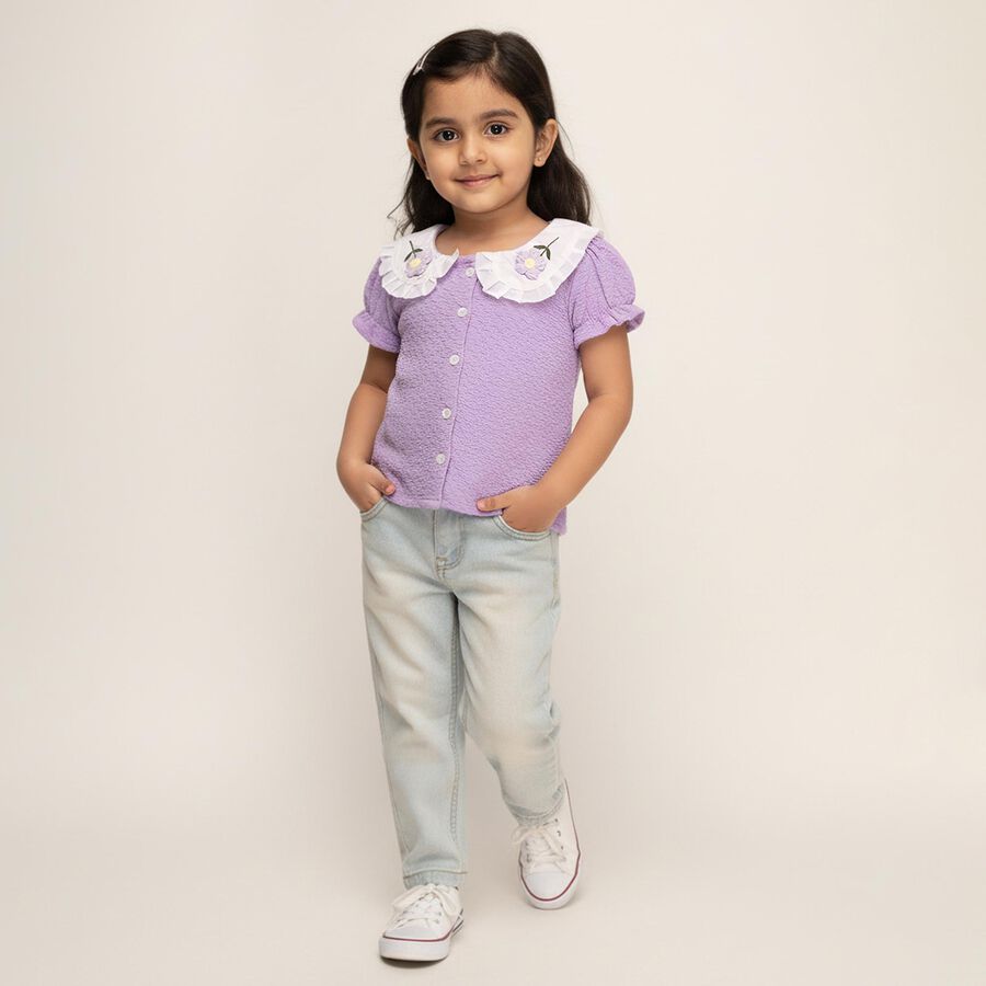Girls' Lavender Peter Pan Collar Puff Sleeve Textured T-Shirt, Lilac, large image number null