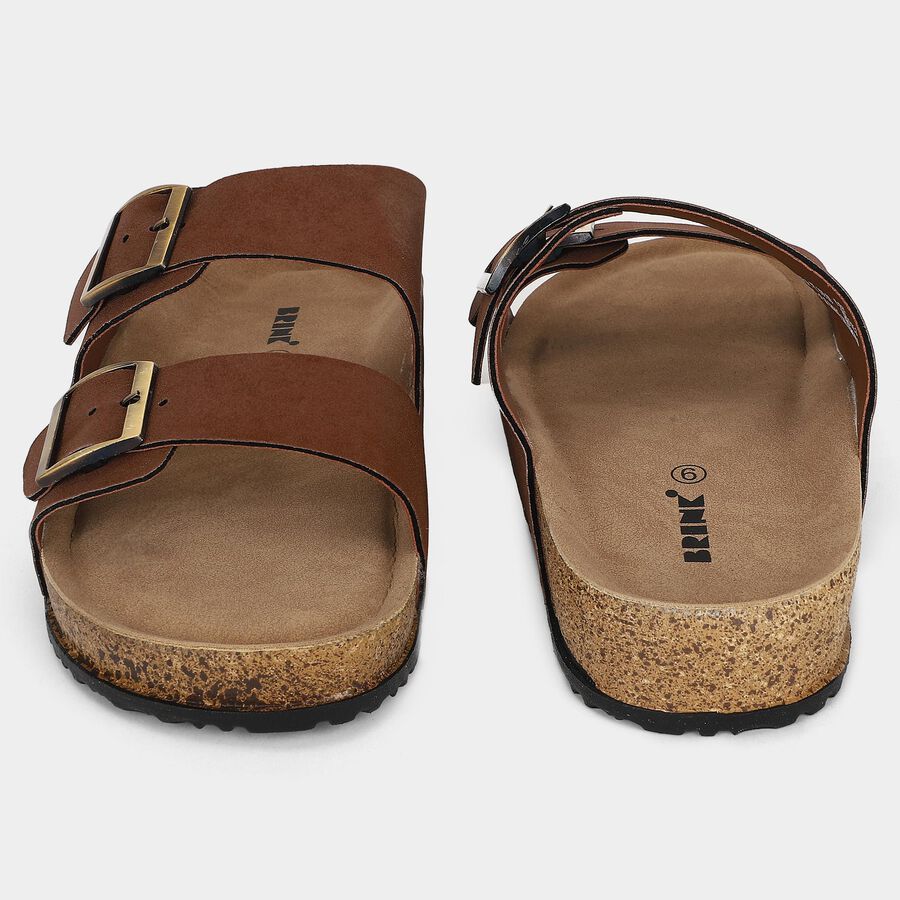 Men's Brown Double Buckle Slide Sandals, भूरा, large