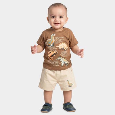 Infants' Brown 100% Cotton Round Neck Dinosaur Graphic Print Baba Suit