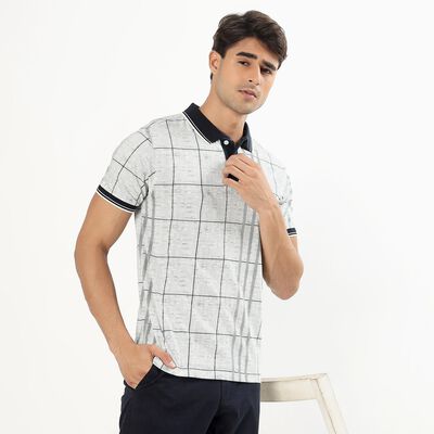 Men's Grey Cotton Polo Neck Printed T-Shirt